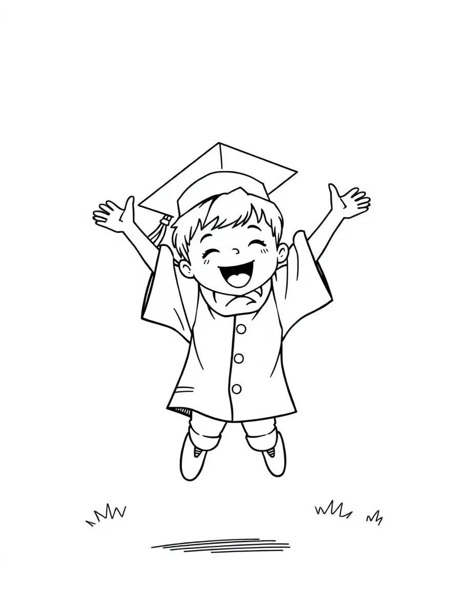 A kid jumping for joy in a cap and gown