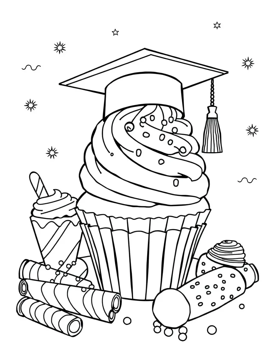 A graduation-themed cupcake and party treats