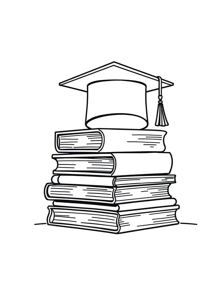 A stack of books with a graduation cap on top