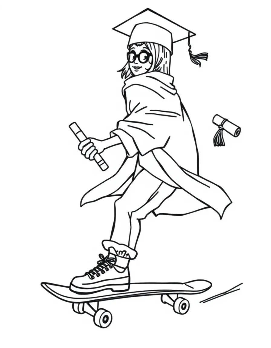 A graduate riding a skateboard with a diploma