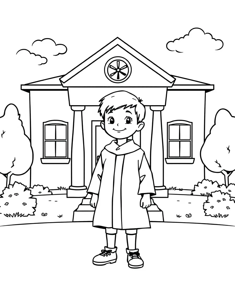 A kid standing in front of the school in a gown