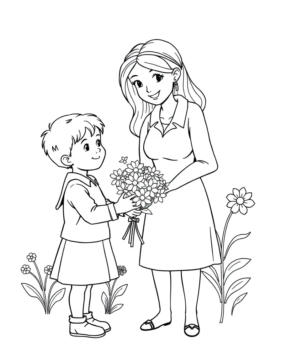 A child giving flowers to a teacher