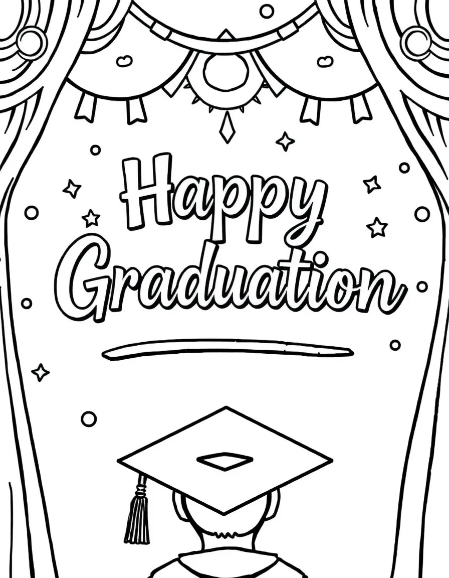 A coloring sheet with “Happy Graduation” text