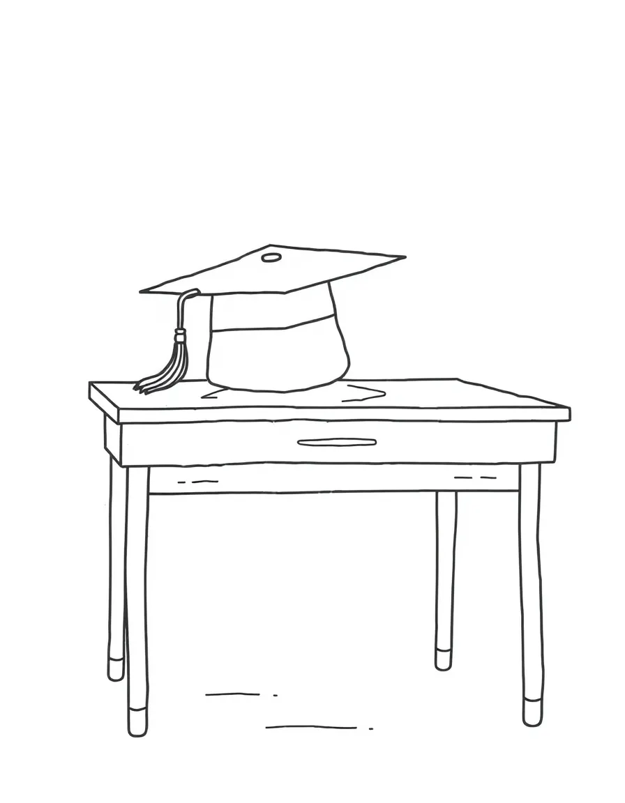 A school desk with a graduation hat on it