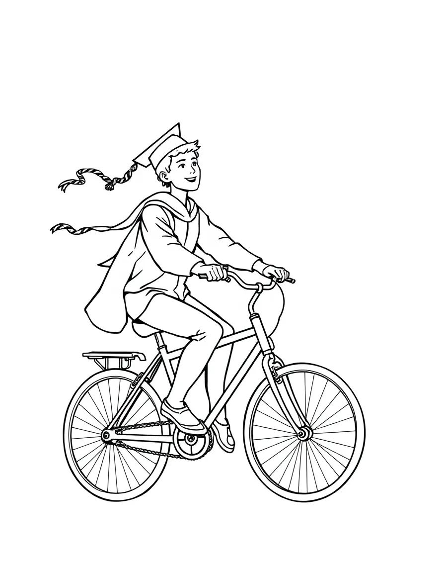 A graduate riding a bicycle with streamers
