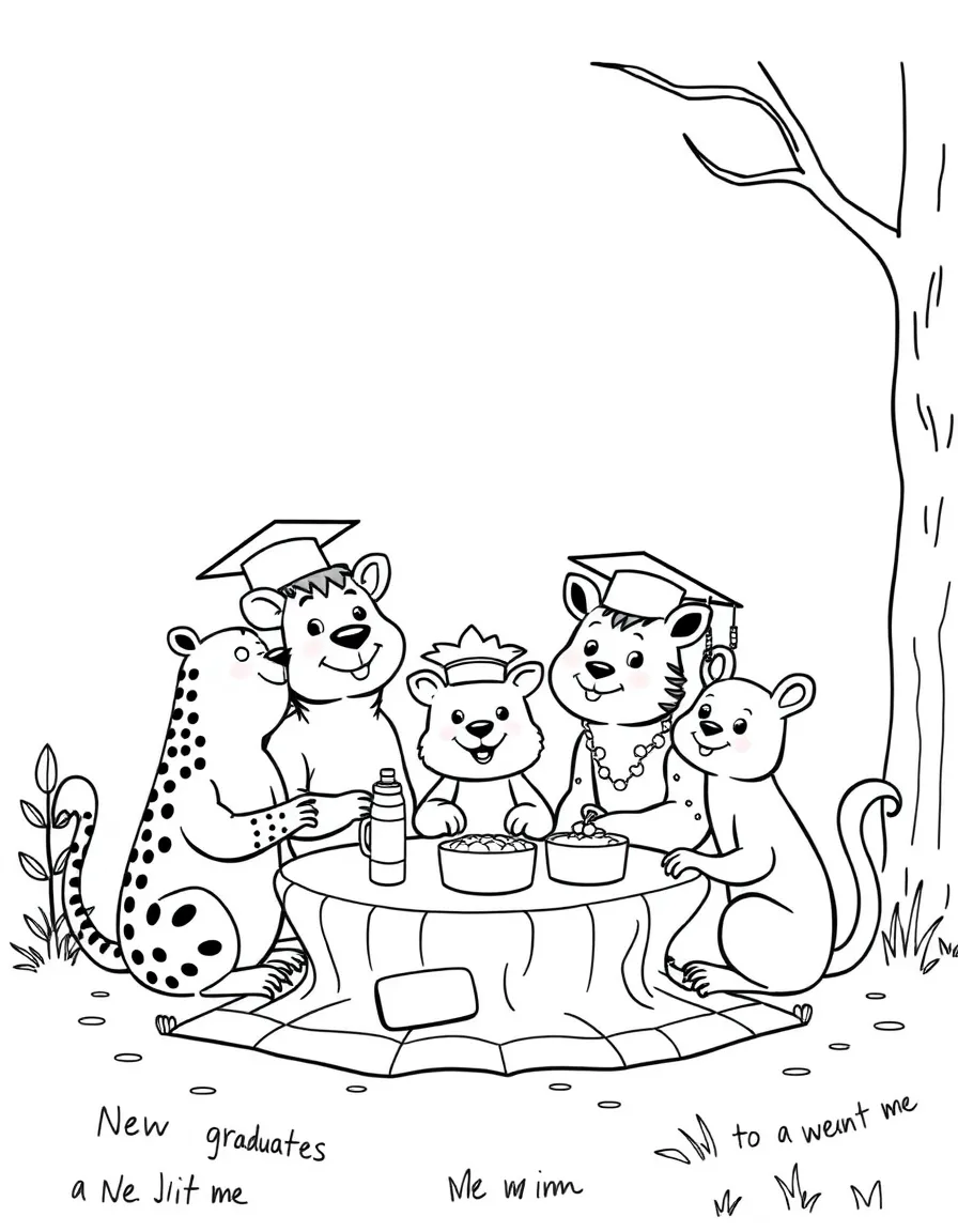 A group of animals having a graduation picnic