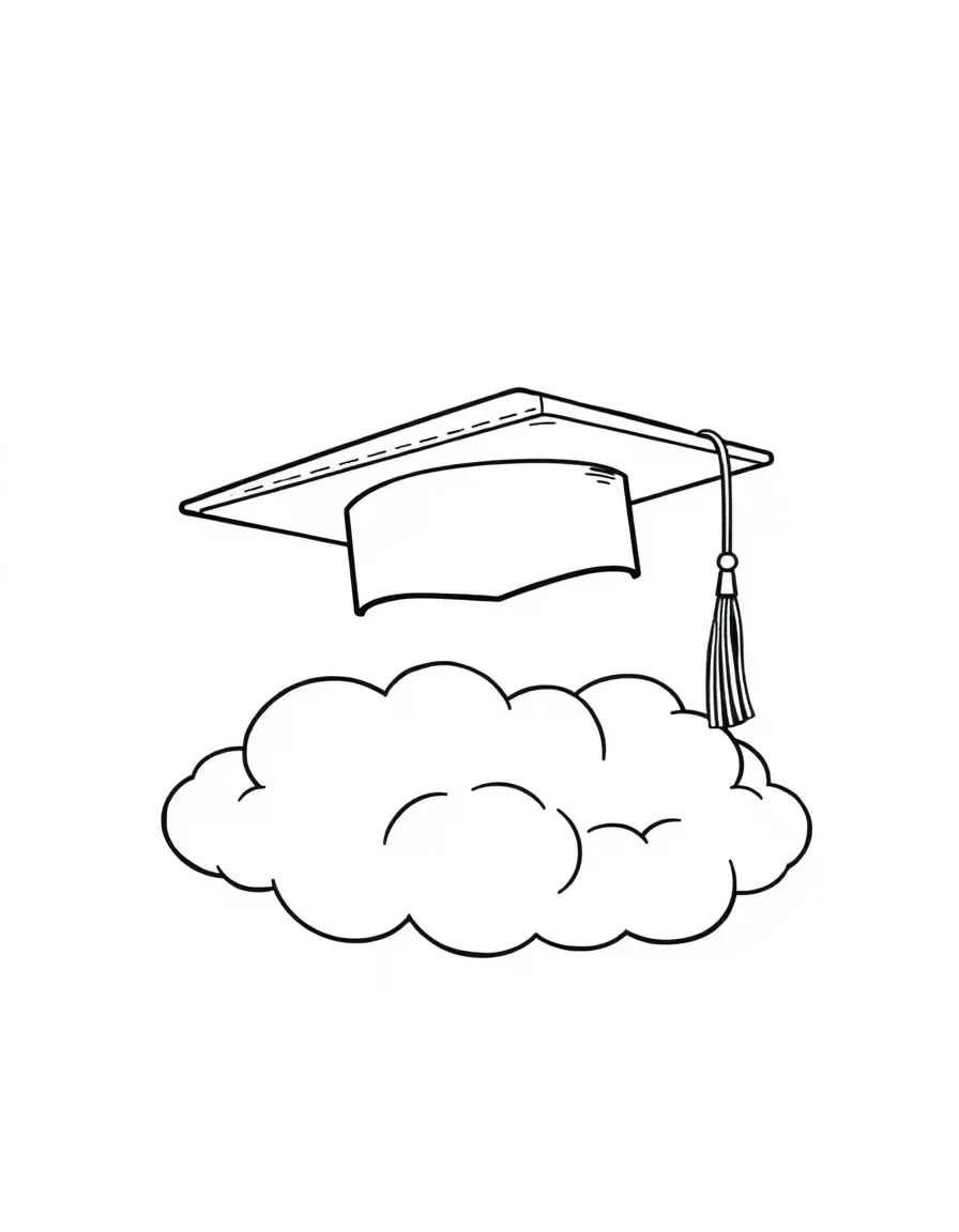 A graduation cap floating on a cloud