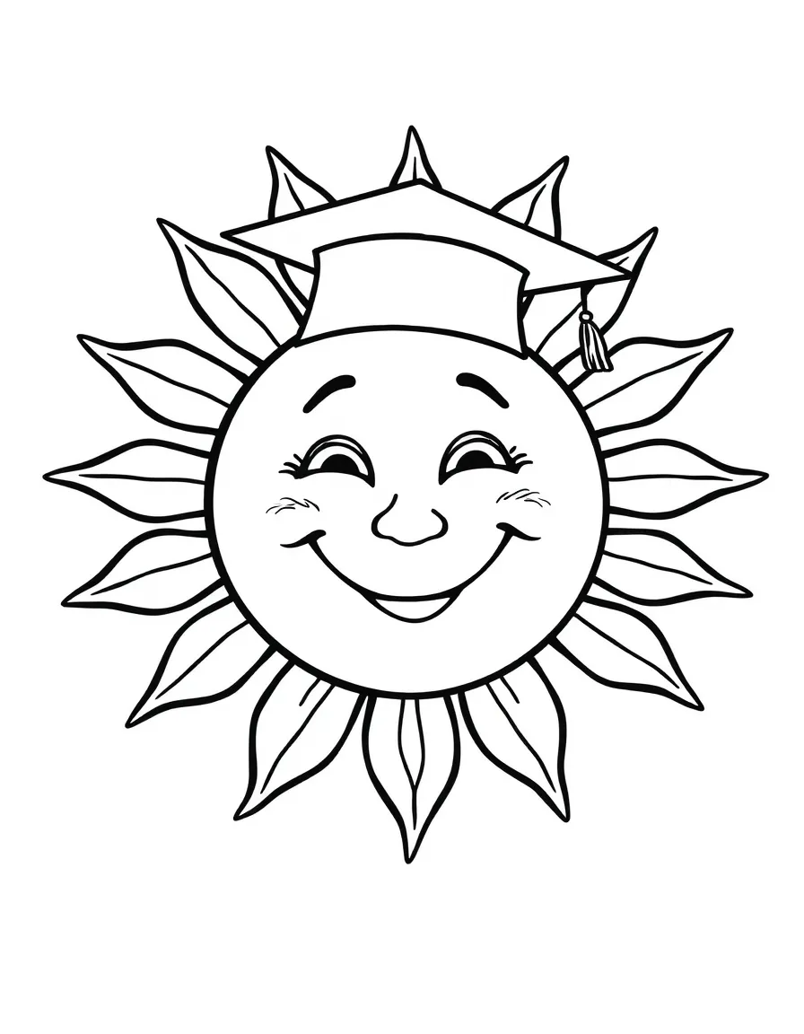 A smiling sun wearing a tiny graduation hat