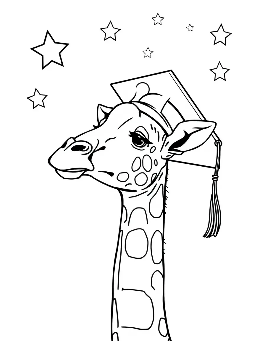 A giraffe in a graduation cap reaching for stars