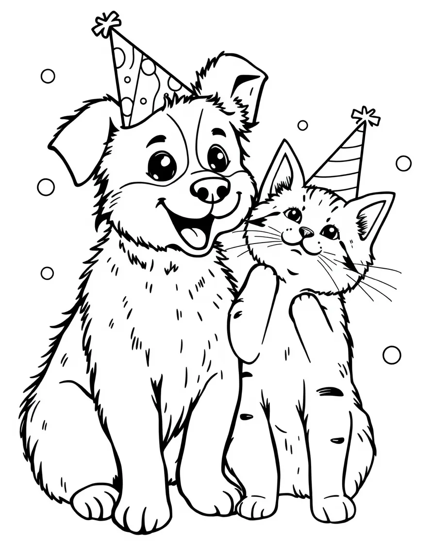 A dog and cat celebrating with party hats
