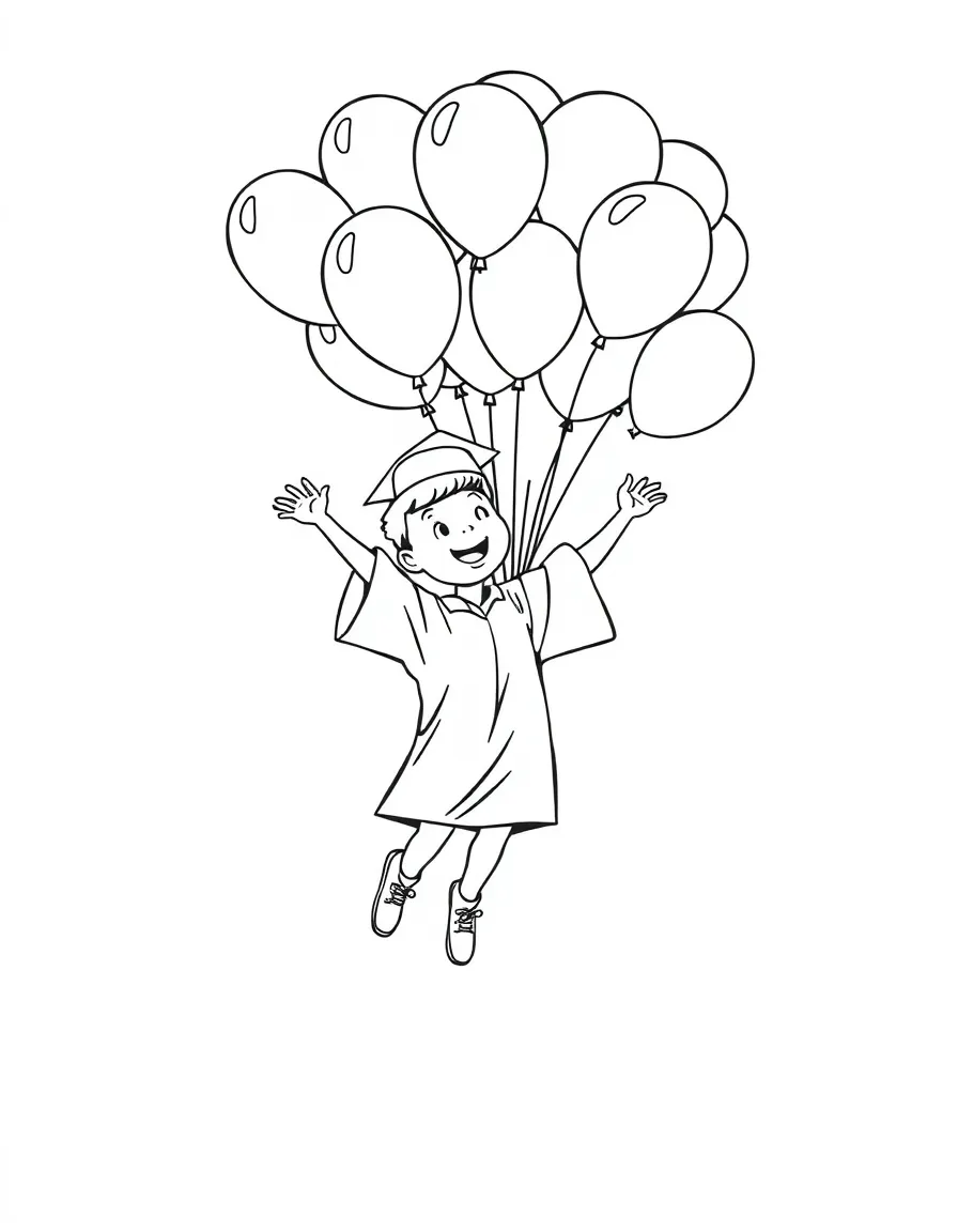 A graduate floating with a bunch of balloons