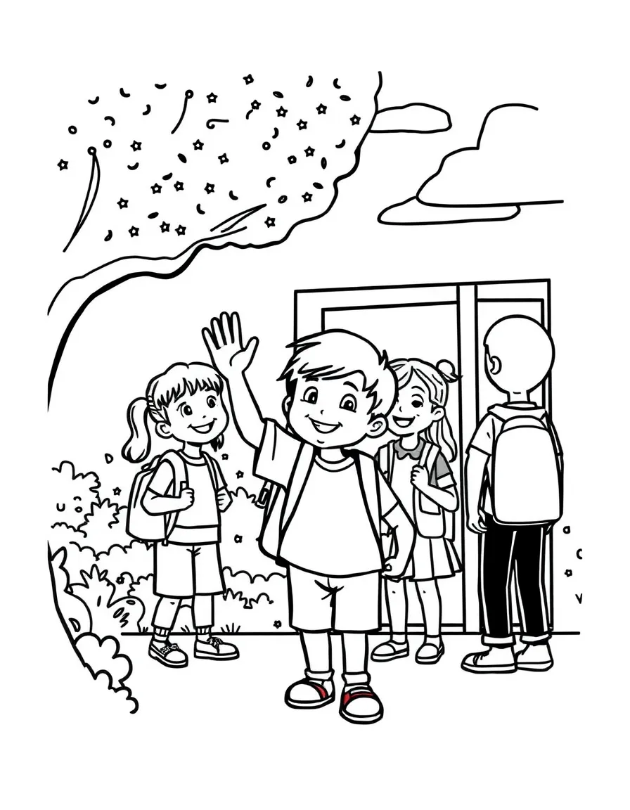 A child waving goodbye to classmates