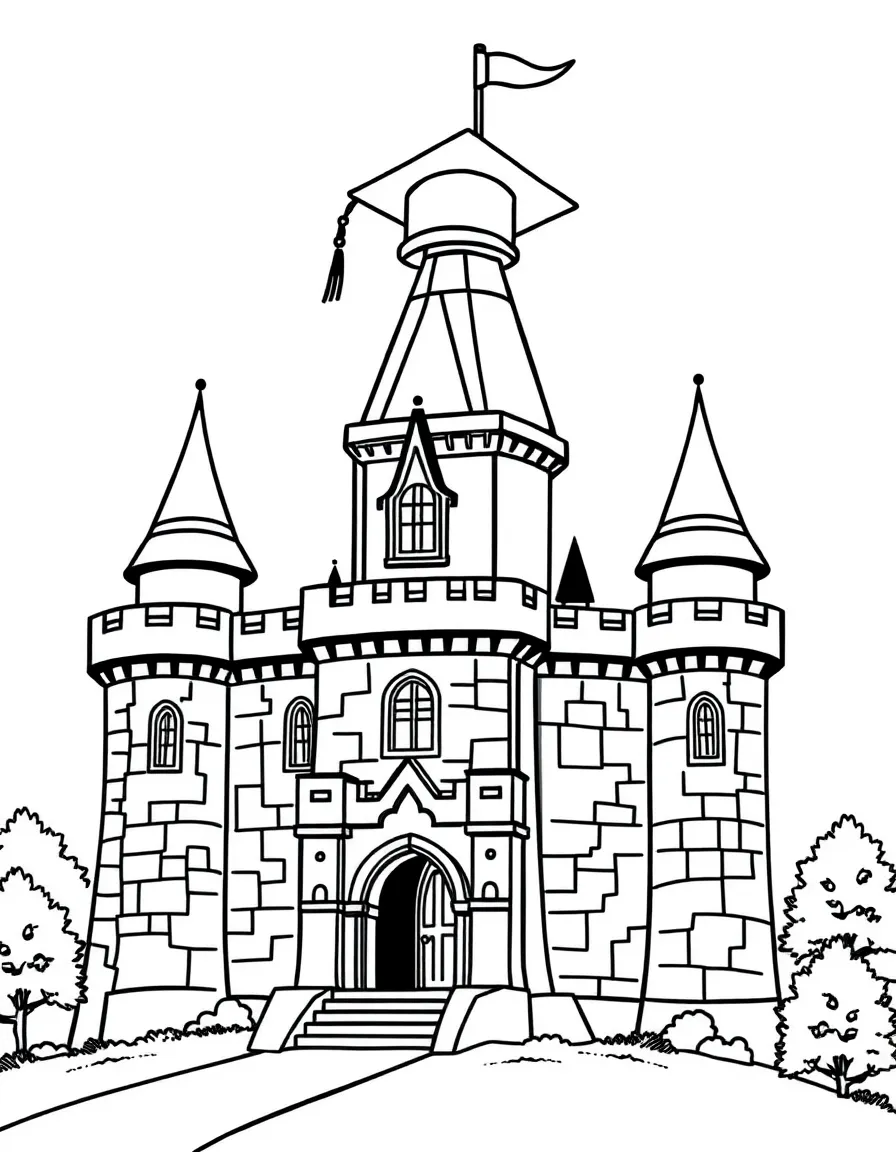 A castle with a graduation flag on top