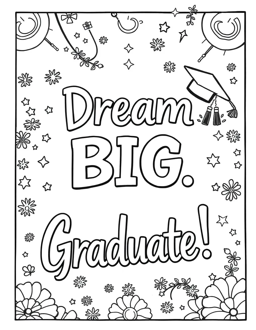 A coloring sheet with “Dream Big, Graduate!”