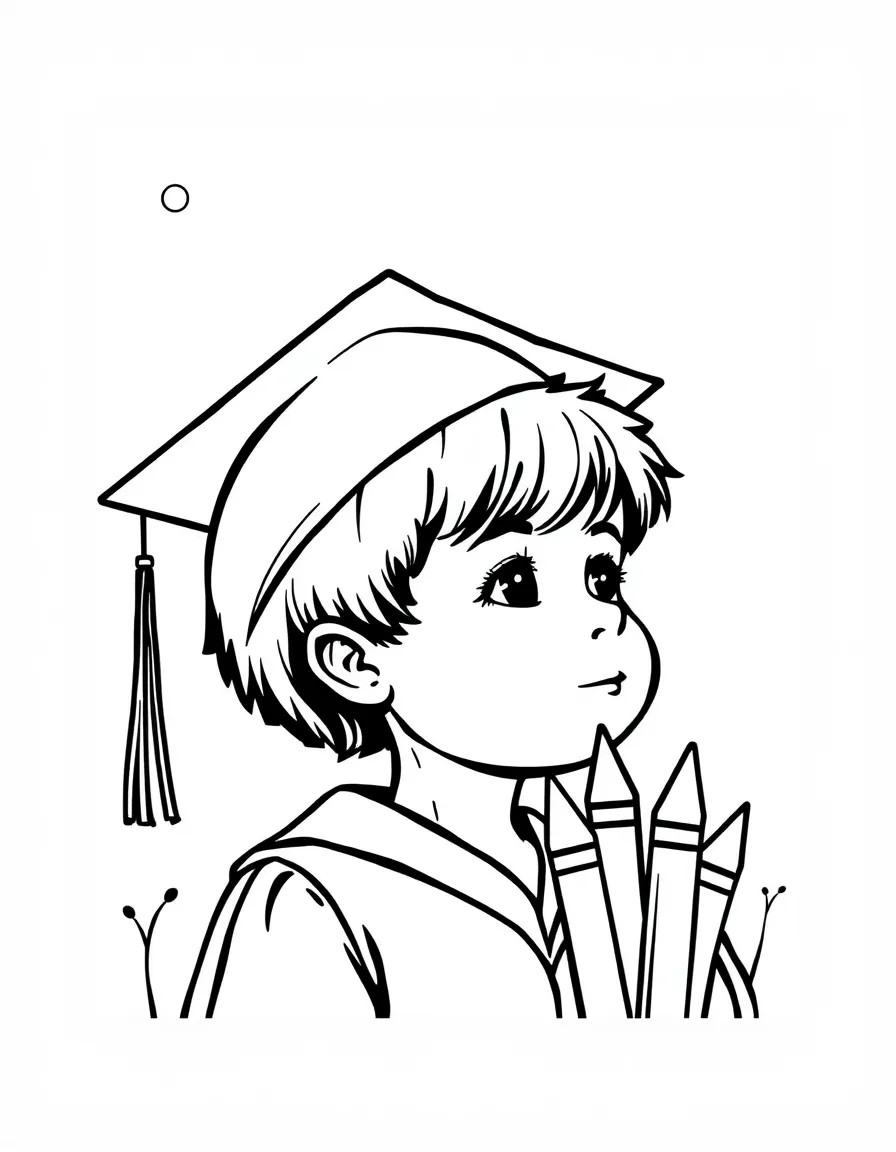 A child with a graduation cap and crayons