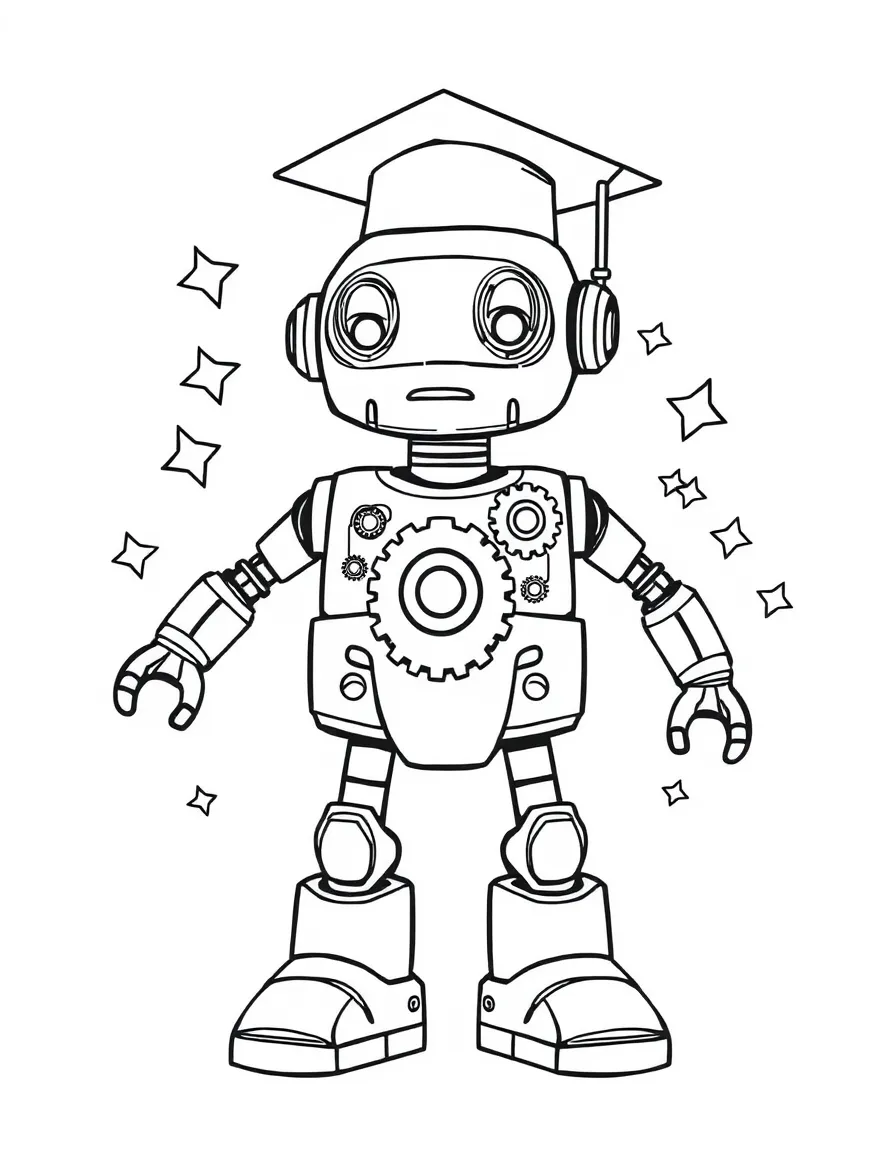 A robot graduate with gears and stars