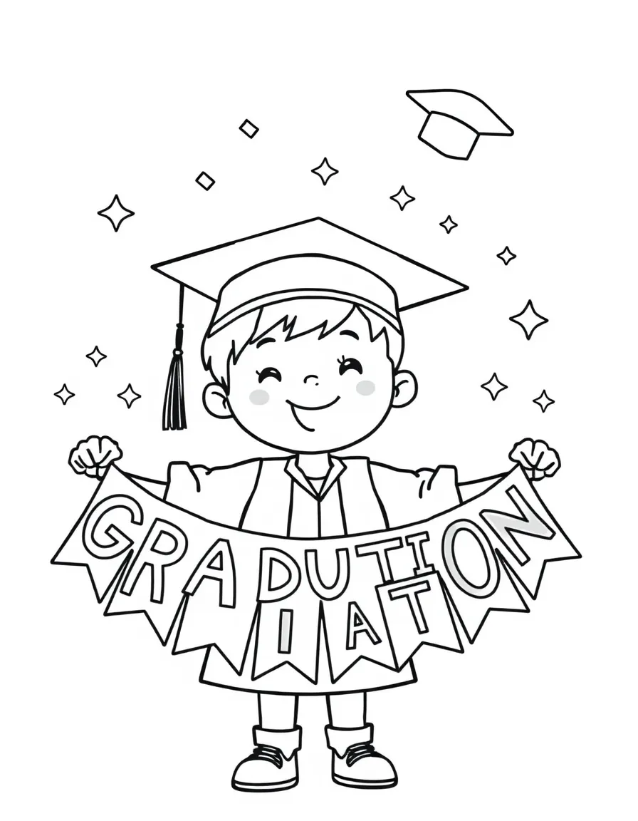 A kid decorating a graduation banner