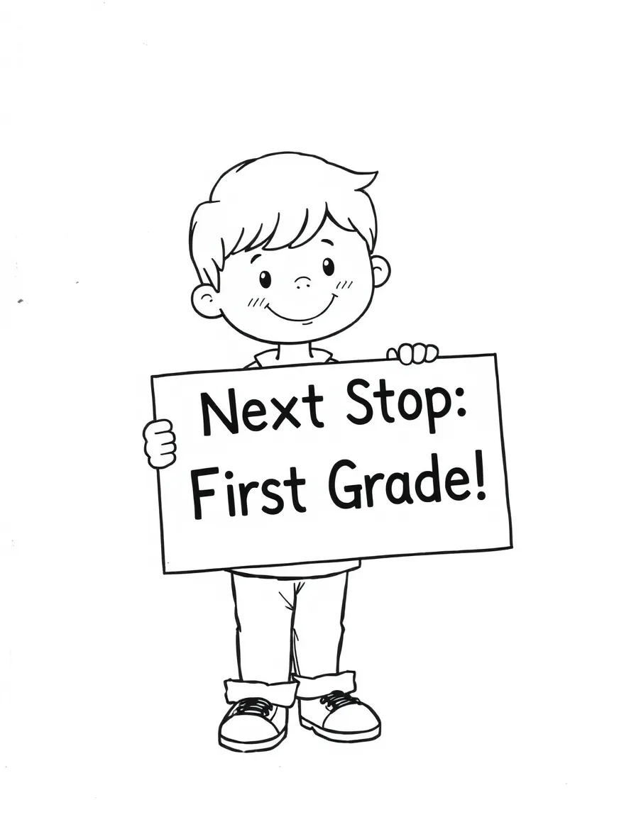 A child holding a sign “Next Stop: First Grade!”