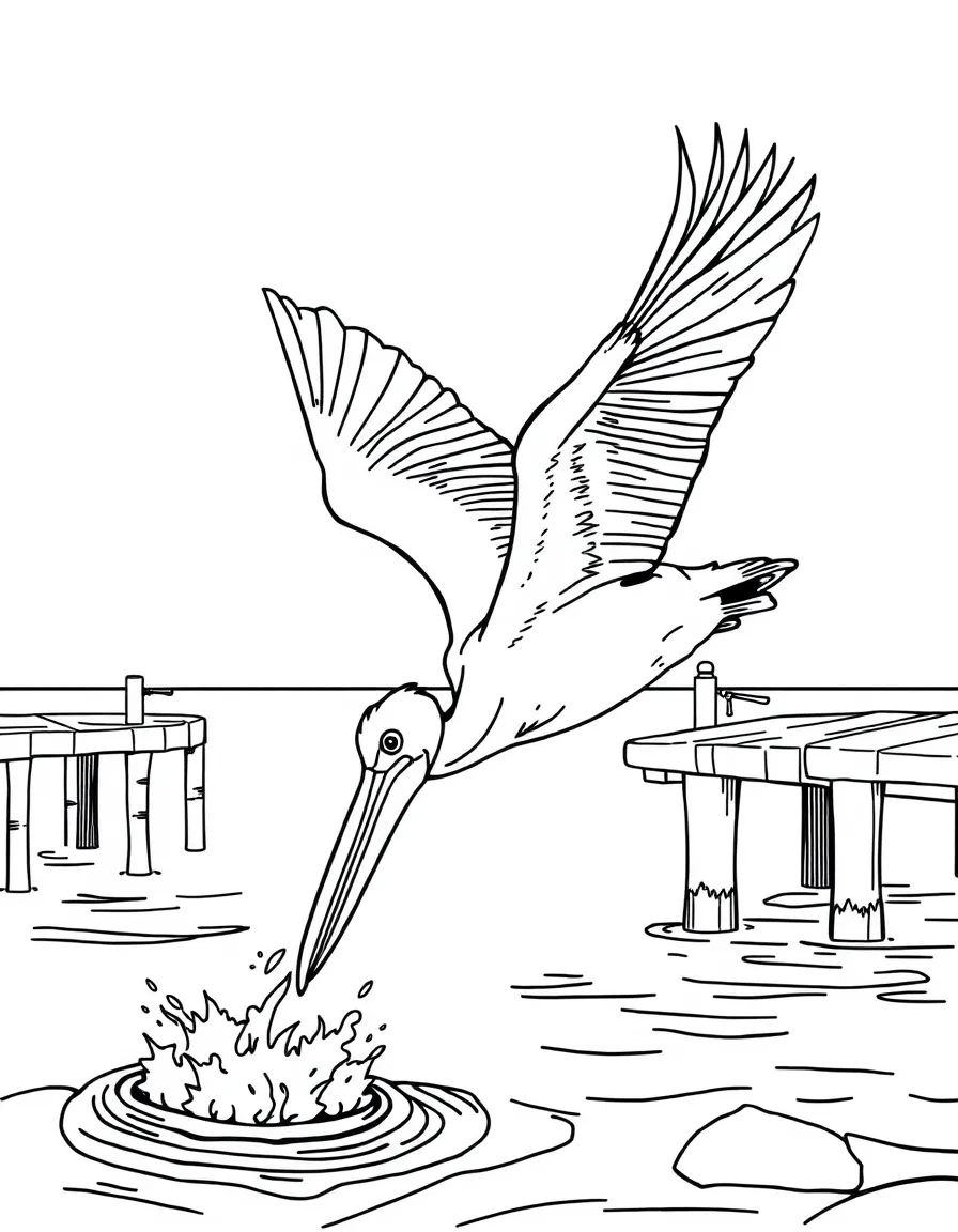 (Florida) A pelican diving for fish near the pier