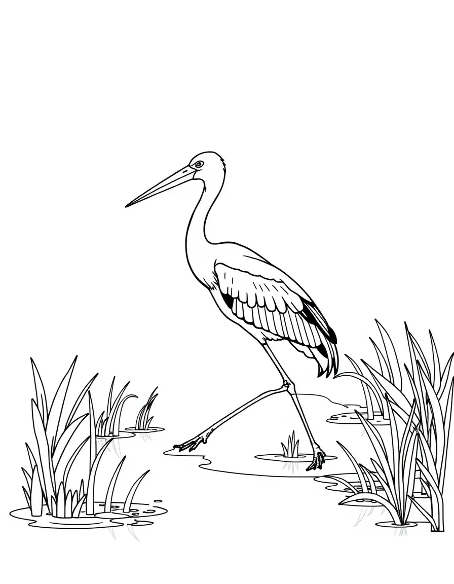 (Florida) A wood stork walking through wetlands