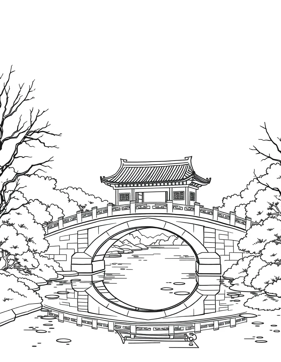 (Beijing) Traditional Chinese bridge in a park setting