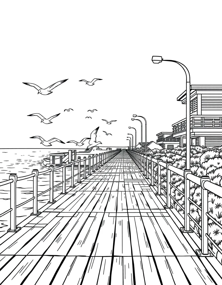 (Liaoning) Coastal boardwalk with seagulls