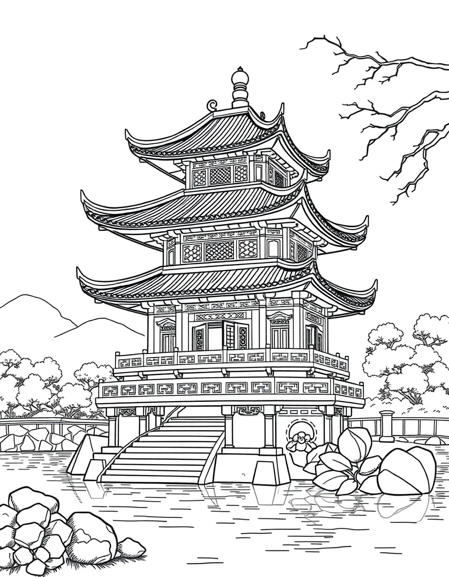 (Zhejiang) Traditional Chinese pagoda by water