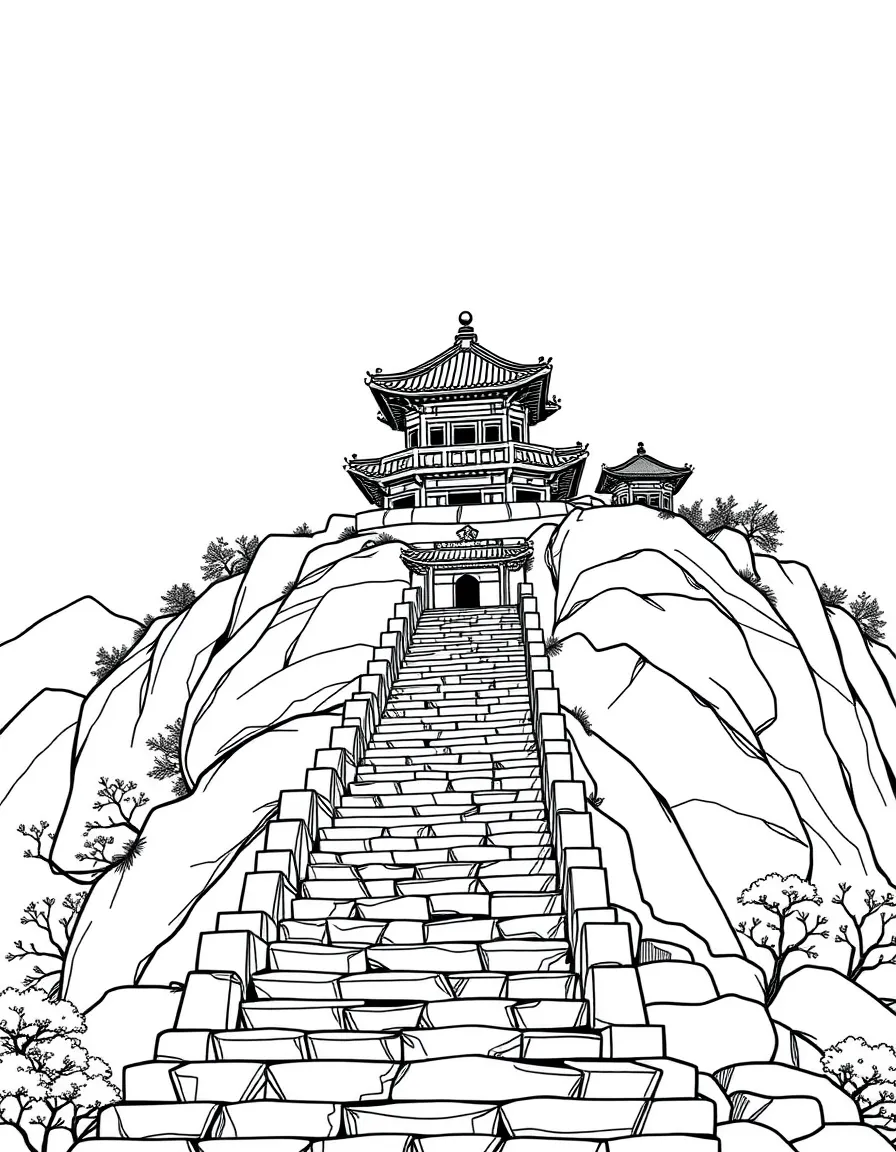 (Shandong) Mount Tai with stone steps and pavilions