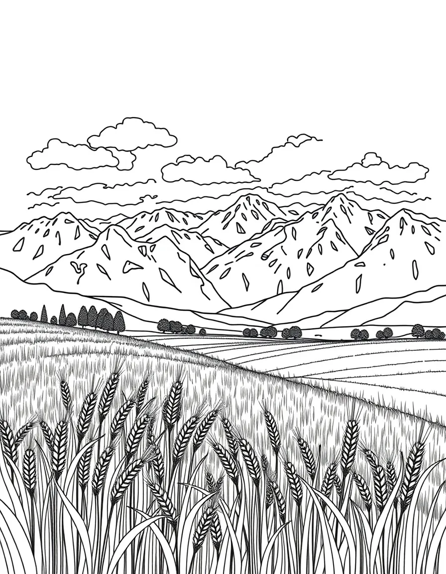 (Tibet) Barley fields with mountains