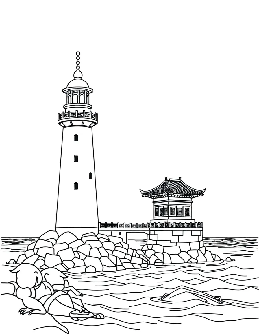 (Hebei) Historic Chinese lighthouse by sea