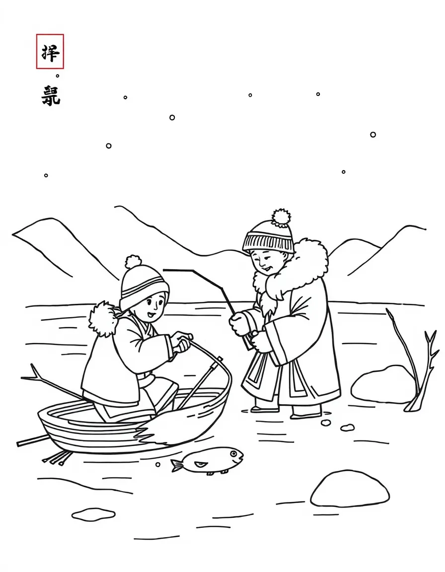 (Jilin) Traditional Chinese ice fishing scene