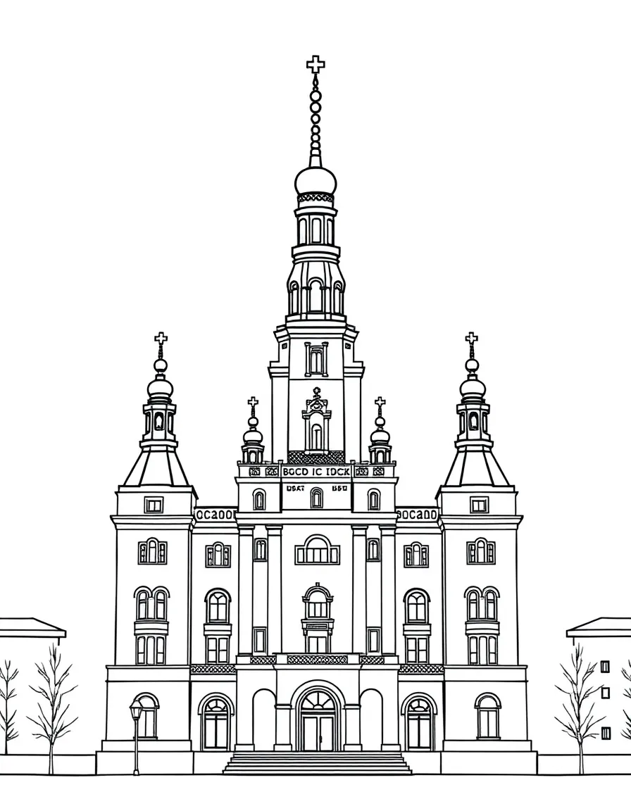 Stockholm City Hall with its distinctive three golden crowns on top, simple line art style