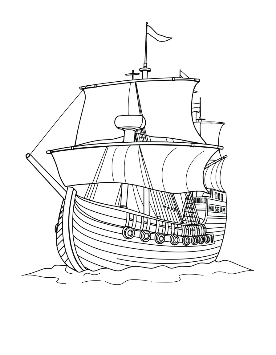 Vasa Museum ship with detailed masts and sails, kid-friendly outline drawing