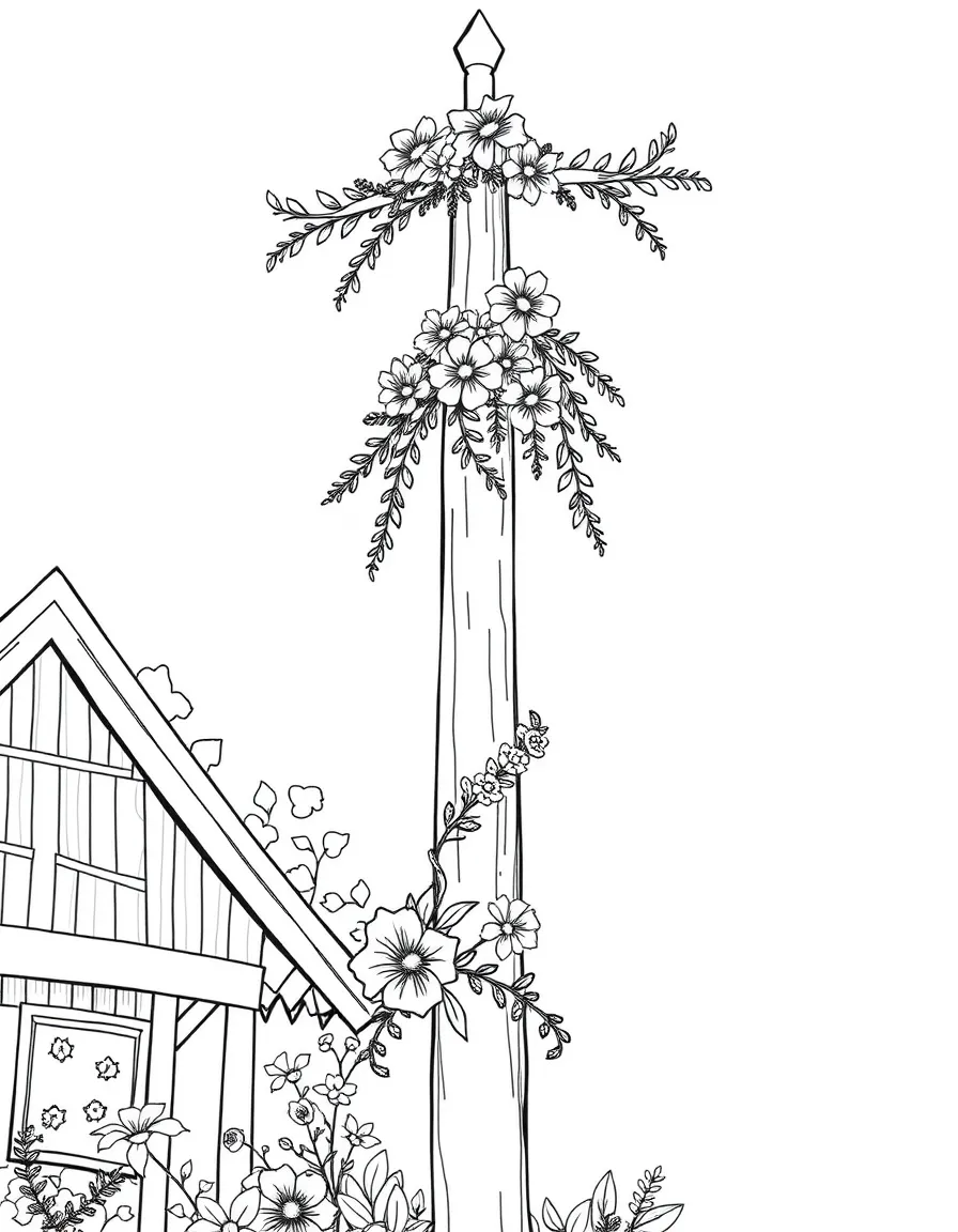 Maypole (Midsommarstång) decorated with flowers and greenery
