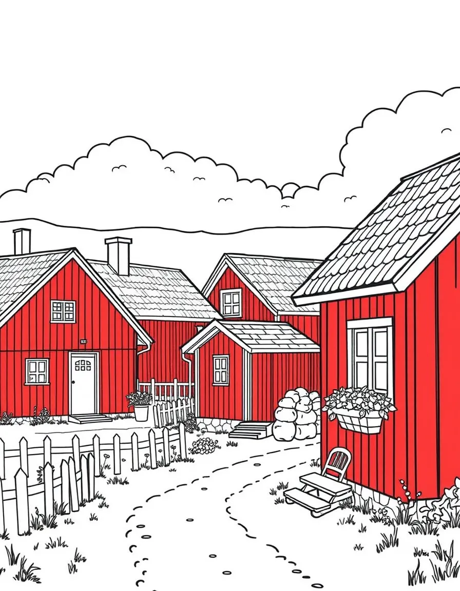 Swedish countryside with red wooden houses and white trim
