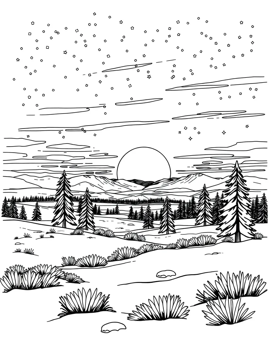 Midnight sun over Lapland landscape