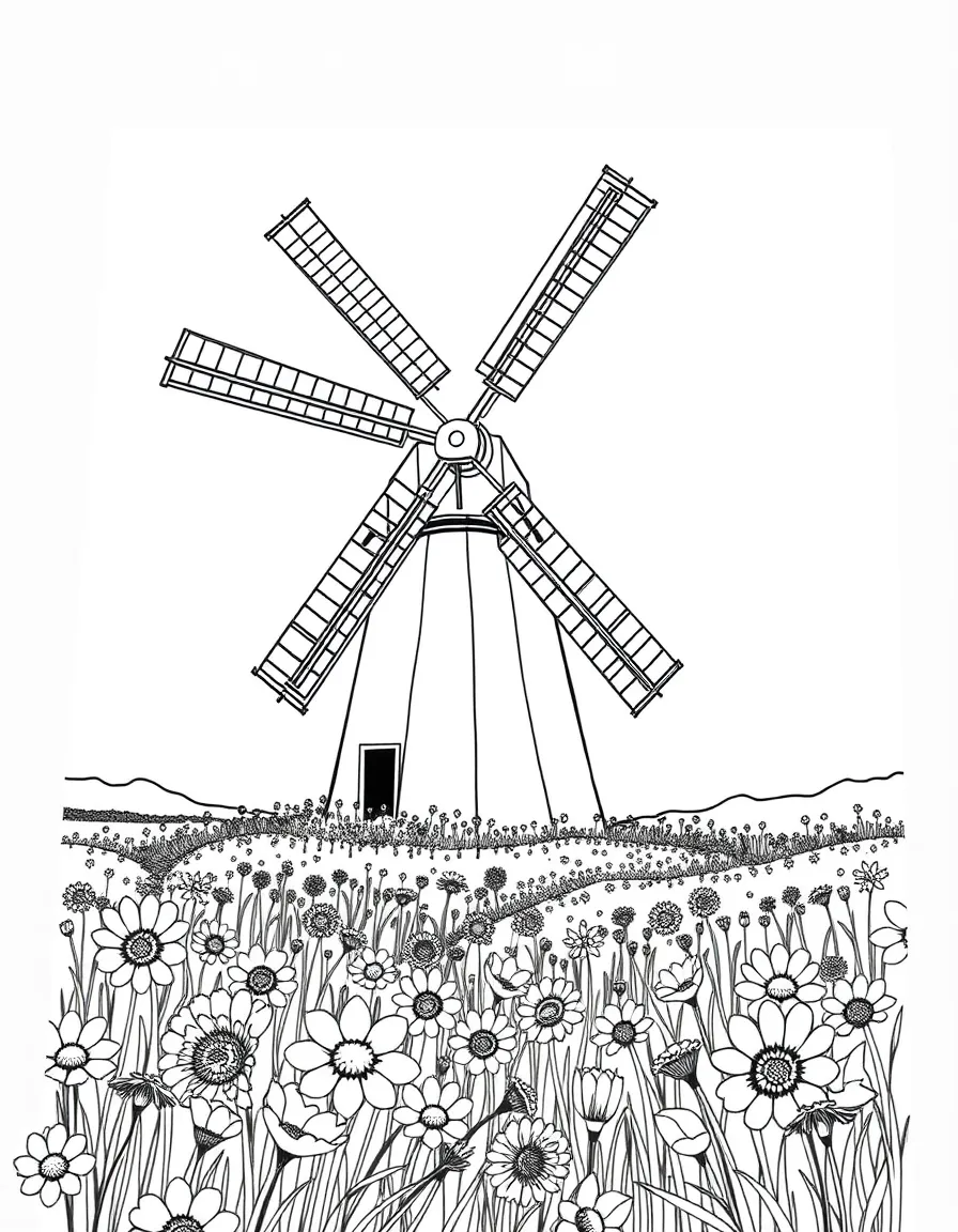 Traditional Swedish windmill in a field of flowers