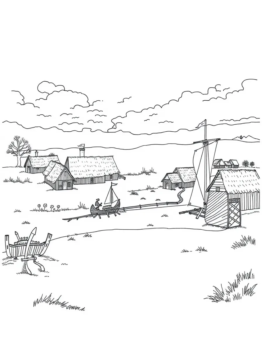 Birka Viking settlement with longhouses and ships