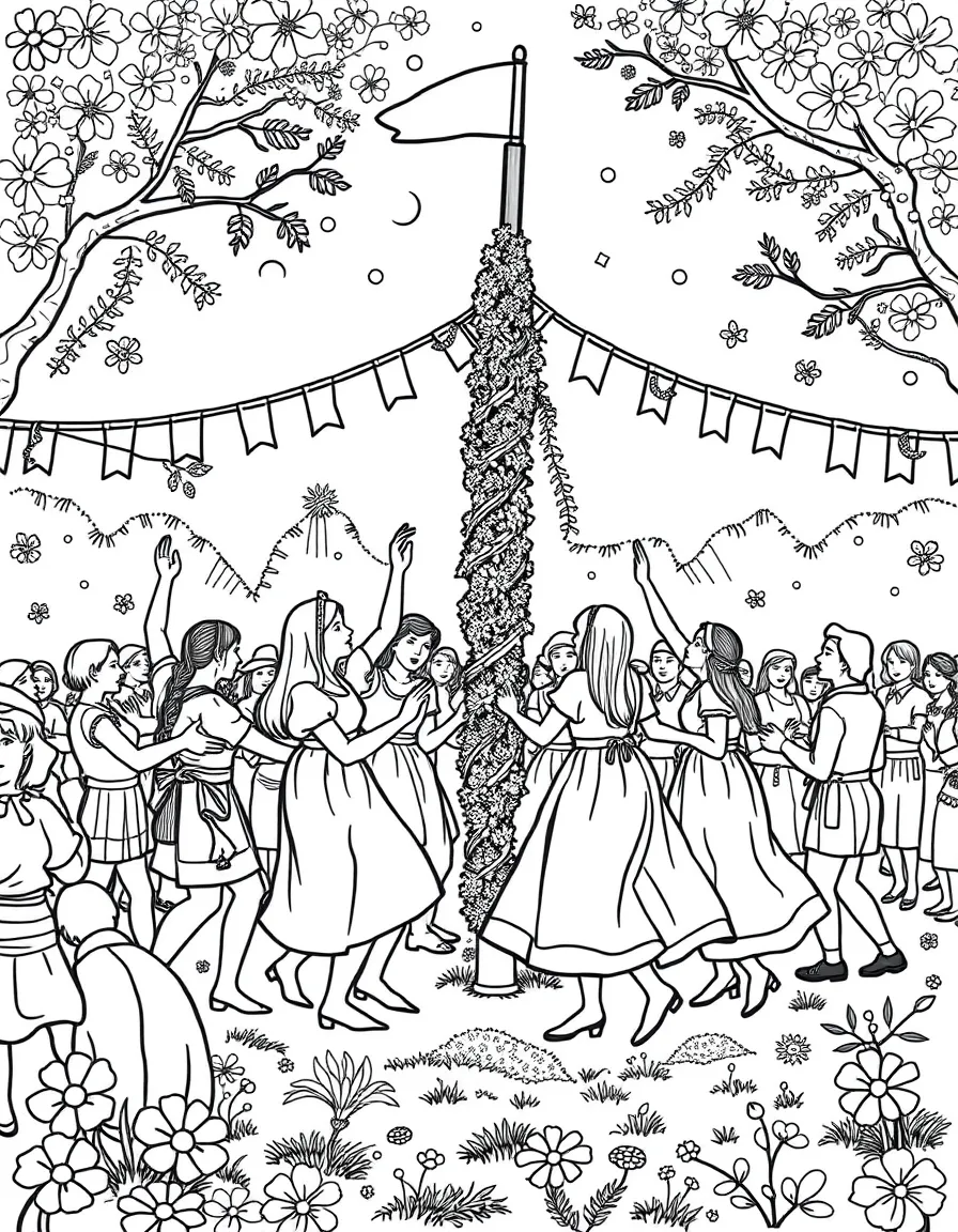 Swedish midsummer celebration with people dancing around maypole