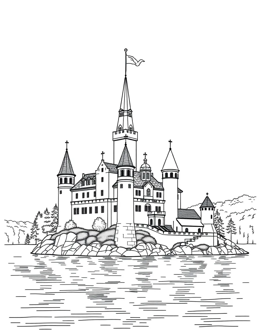 Lacko Castle on Lake Vänern with multiple towers