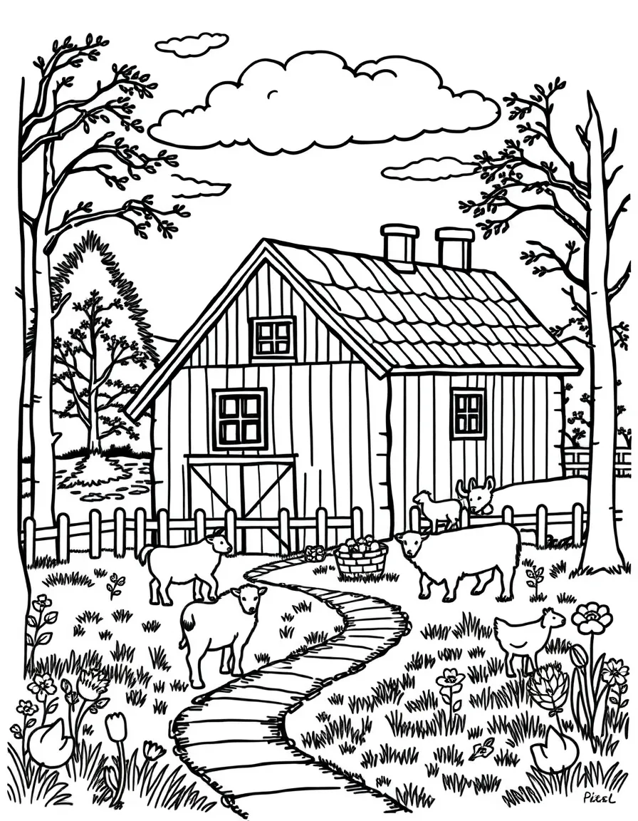 Traditional Swedish farmhouse with barn and animals