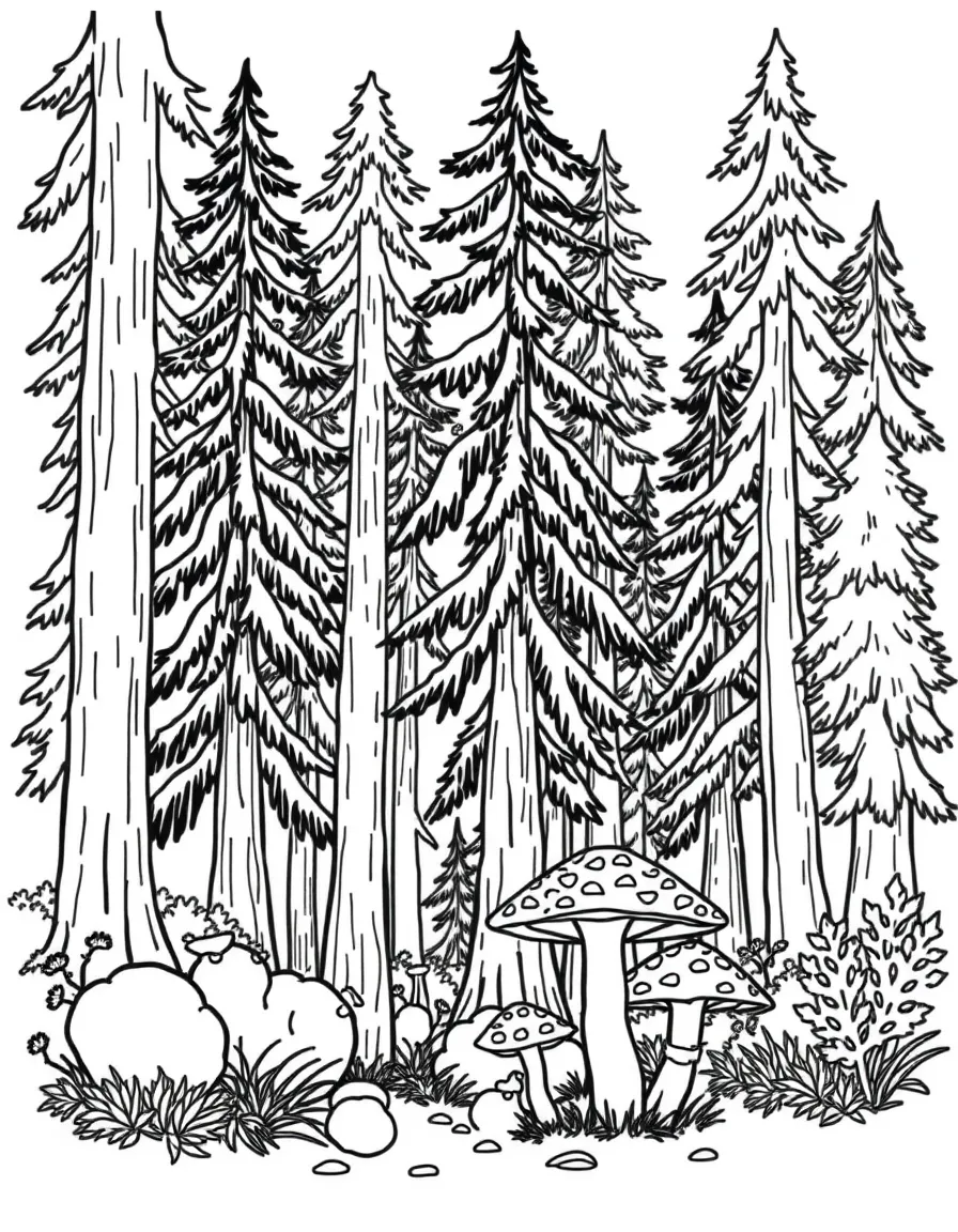 Swedish forest with tall pine trees and mushrooms