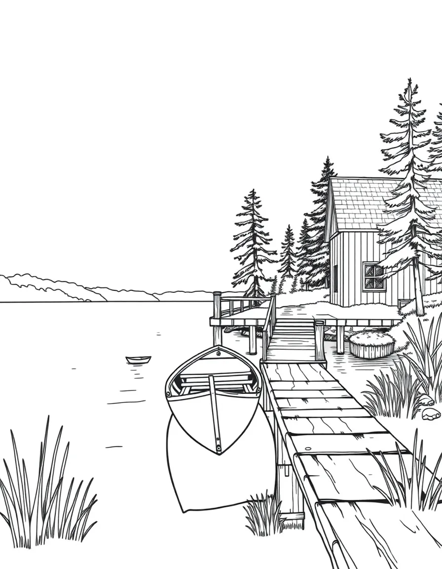 Swedish lake with traditional wooden pier and rowboat
