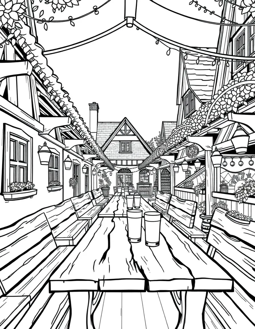 (Germany) Traditional beer garden scene with long wooden tables
