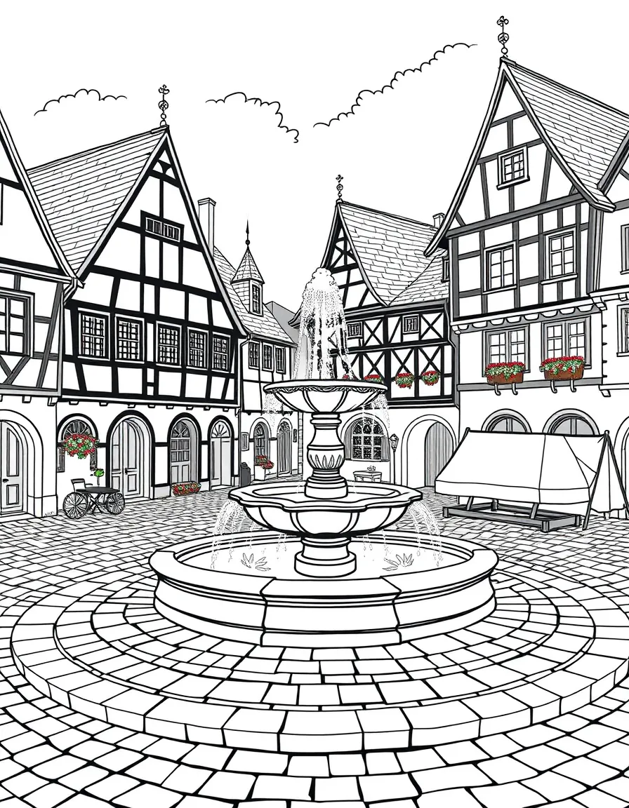 (Germany) Medieval German town square with fountain