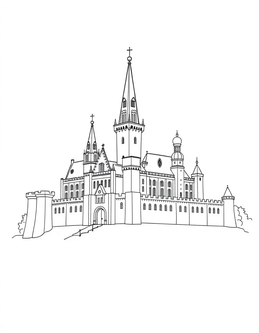 (Poland) Wawel Castle in Krakow with its distinctive towers and ramparts, simple line art suitable for children