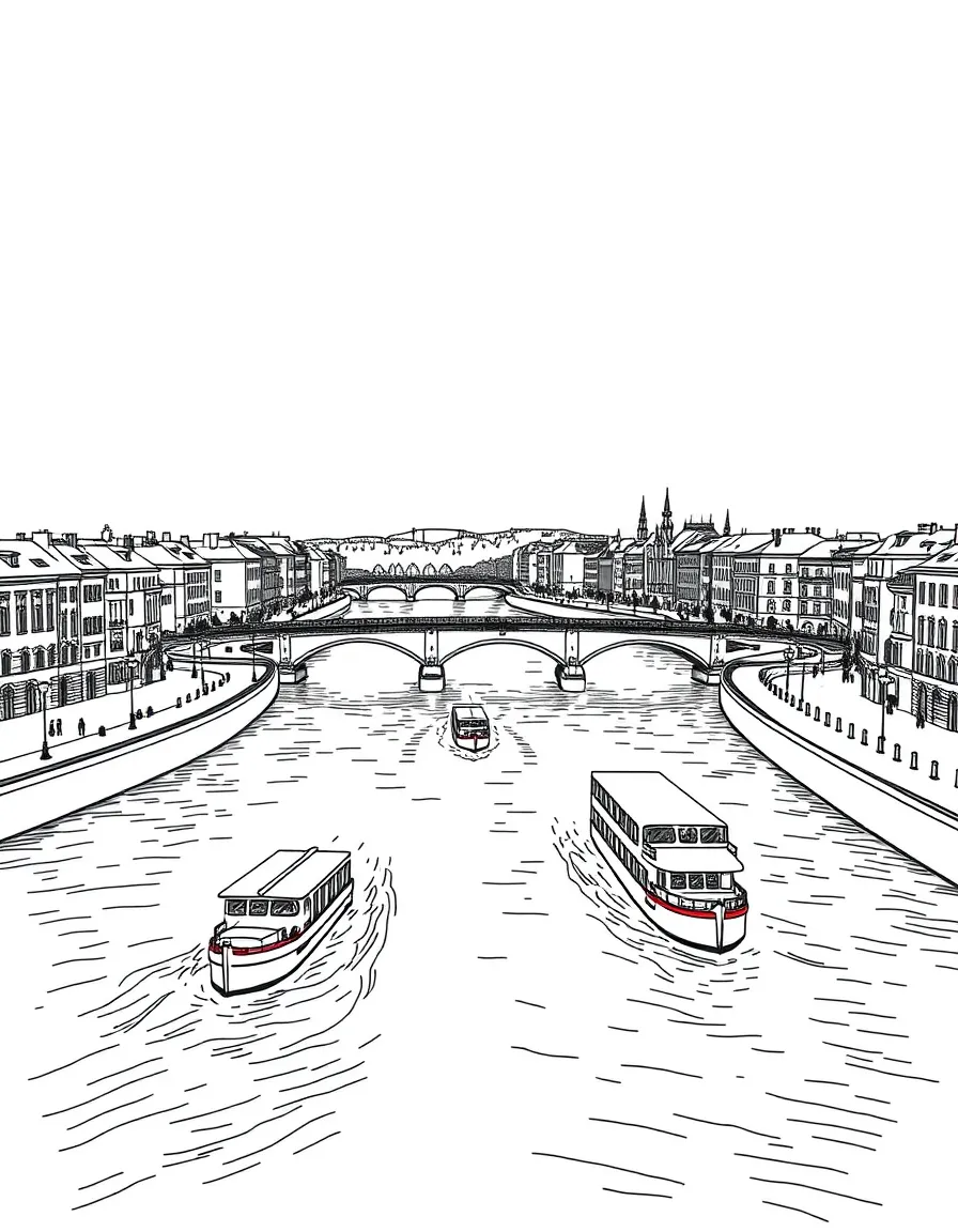 (Poland) The Vistula River flowing through Warsaw with boats and bridges