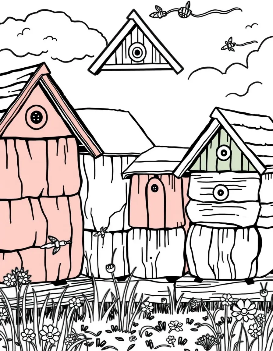 (Poland) The colorful wooden beehives traditional to Polish countryside