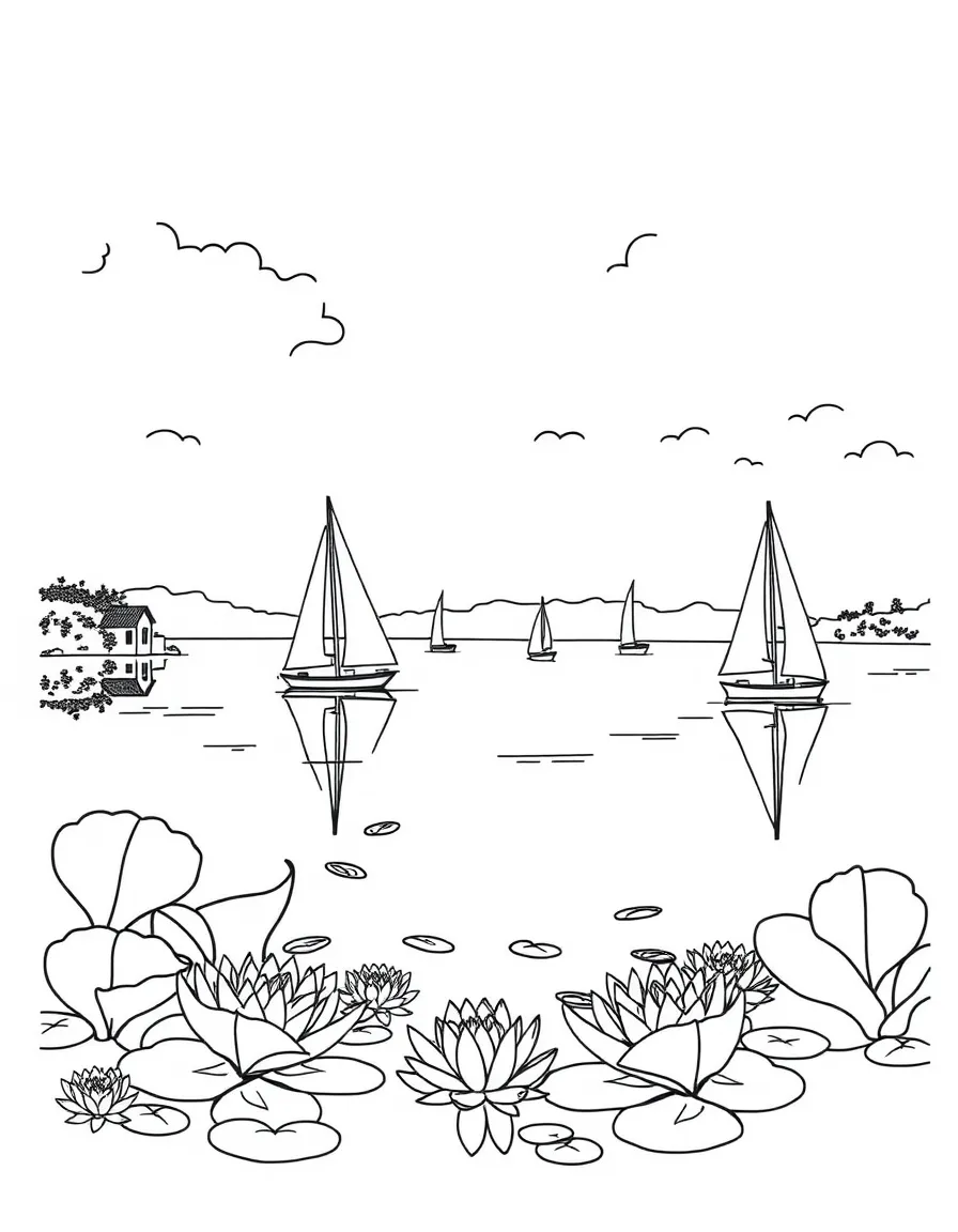 (Poland) Mazury Lakes region with sailboats and water lilies