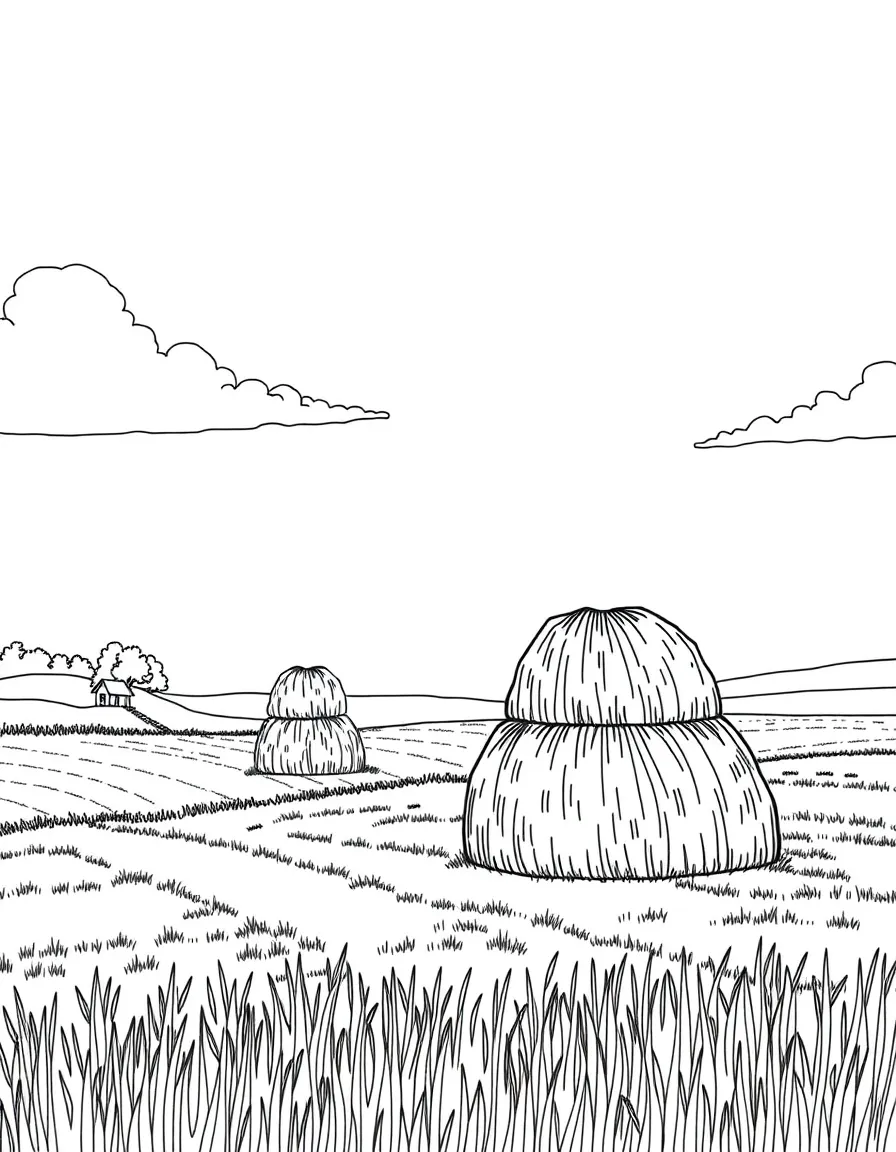 (Poland) Traditional Polish hay stacks in countryside fields